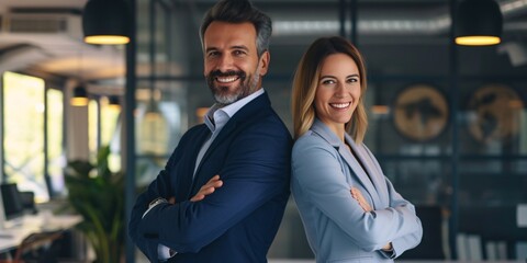 two content entrepreneurs standing with arms folded and grinning at camera in workplace. collaborati