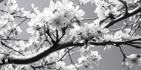 Sticker - A black and white photo capturing the beauty of a flowering tree. This versatile image can be used in various projects