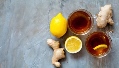 Wall Mural - herbal tea cups on concrete table treat cold and flu lemon ginger honey and herbs top view