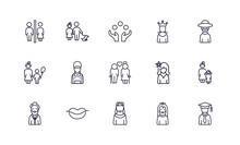Editable Outline Icons Set. Thin Line Icons From People Collection. Linear Icons Such As Restroom, Man Girl And Dog, Empress, Mother And Daughter, Amazonian, Graduated Student