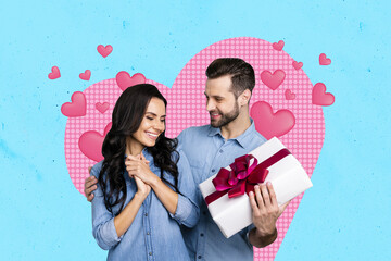 Poster - Collage picture of two idyllic soulmates cuddle hold giftbox drawing heart symbols isolated on blue background