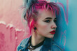 © J S - 1980s retro punk girl portrait with pink and blue hair, grunge wall in background