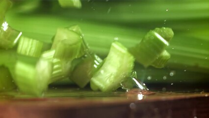 Sticker - Pieces of chopped celery fall on the table. Filmed on a high-speed camera at 1000 fps. High quality FullHD footage