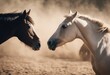 three horses are standing on dirt in the sun together and facing each other