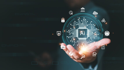 Wall Mural - ai technology, artificial intelligence. man using technology smart robot ai, artificial intelligence