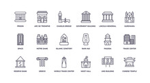 Editable Outline Icons Set. Thin Line Icons From Buildings Collection. Linear Icons Such As Prison, Goverment Building, Islamic Cemetery, Reserve Bank, Moot Hall, Chinese Temple
