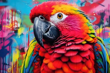 Poster - A brightly colored parrot stands in front of a vibrant background. Perfect for adding a pop of color to any design project