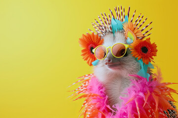 cute hedgehog wearing clothes and glasses on an yellow background. Funny fashion hedgehog wearing sunglasses. Funny, cute photo of animal looks like a human on trend poster. Zoo club