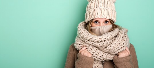 Wall Mural - Cheerful woman in knitted hat and scarf, isolated on pastel background with copy space