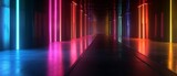 Fototapeta Do przedpokoju - Ultra-modern studio space with a dark, glossy black area, highlighted by multicolored neon accents, creating a dynamic, energetic environment.