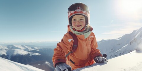 Sticker - A young boy wearing an orange jacket and goggles is pictured on a snowy mountain. This image can be used to depict winter sports and outdoor activities