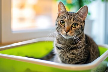 Wall Mural - Amusing domestic cat in litter box peering at camera