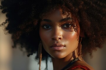 Poster - A close-up shot of a woman showcasing her beautiful afro hair. Perfect for fashion, beauty, and diversity-related projects