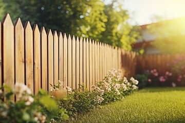 Sticker - A wooden fence in a backyard with vibrant flowers in the foreground. Perfect for adding a touch of nature to your designs