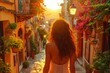 a young woman in a summer dress walking in a old city