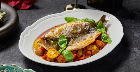 Wall Mural - Roasted sea bass with cherry tomatoes and basil leaves in an elegant style