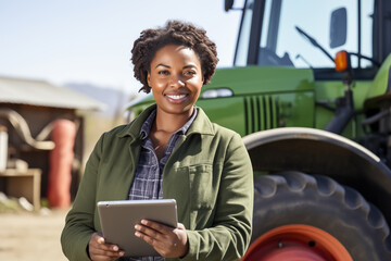 Aufkleber - Female farmer with a digital tablet next to agricultural tractor	