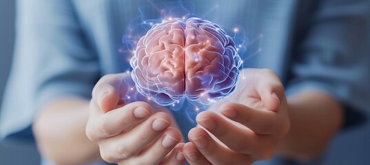 Wall Mural - Futuristic medical technology concept  holographic human brain examined and held in air by hands.