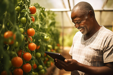 Aufkleber - Black farmer with a digital tablet in greenhouse. Integration of technology for efficient and progressive agricultural management.