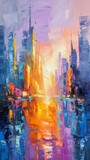 Fototapeta Nowy Jork - Painting of an Urban Skyline - Modern Impressionism in Light Violet and Light Orange - Soft Focus Technique Cityscape Reflections on Oil Canvas Wallpaper created with Generative AI Technology