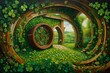 St. Patrick's Day in a time-warped garden, clover portals connecting different eras, a surreal and time-bending celebration
