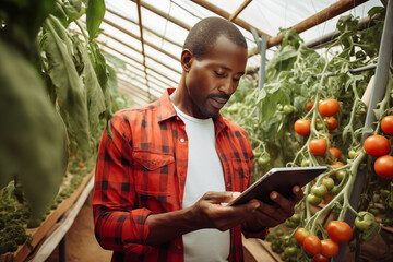 Black farmer with a digital tablet in greenhouse. Integration of technology for efficient and progressive agricultural management.