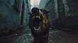Dog aggression. Top Most Aggressive Dog Breeds. Aggressive dog snarling fiercely, sharp teeth and bristled fur, dark alley , tension and danger in the air.