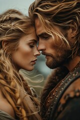 In an epic portrayal of love, a valiant Viking couple embraces passionately against a medieval backdrop, creating a captivating scene for a romance novel's enchanting book cover