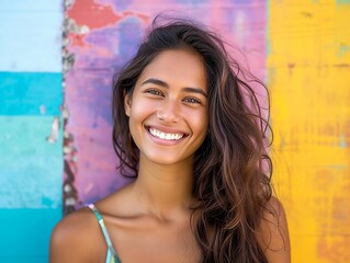 Wall Mural - Portrait of a beautiful woman enjoying the day. Colorful background.