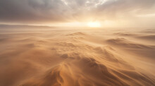 A Desert Landscape Experiencing A Rare And Powerful Sandstorm With Swirling Sands And A Hazy Sky.