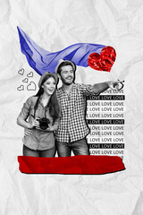 Wall Mural - Vertical creative picture collage poster smiling happy couple standing man pointing camera photo honeymoon celebration trip