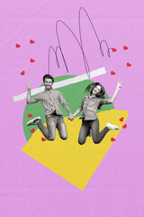 Poster - Vertical photo collage of two young lovely people jumping overjoyed hands up feelings concept heart symbol isolated on textured background