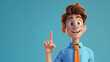 Cartoon character young man isolated on blue background. Funny guy wears blue shirt and orange tie. male shows Index finger gesture. Best offer presentation concept.