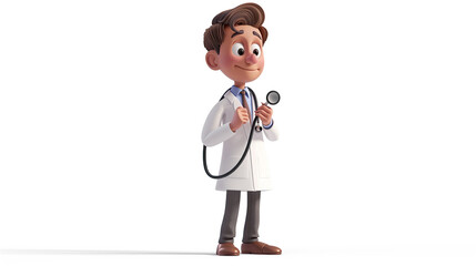 Wall Mural - Doctor cartoon character wears white coat and holds stethoscope. Professional medical concept.
isolated on white background. 