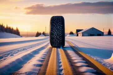 Wall Mural - Winter tire covered in snow snowy road ice icy car wheel drive safety safe driving transportation condition change vehicle auto slippery danger frost protection climate dangerous offroad