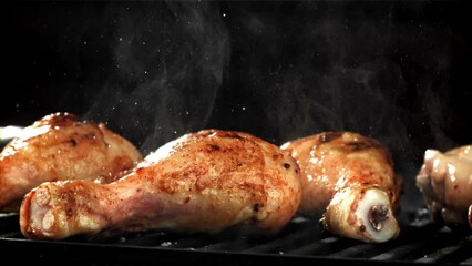 Sticker - Chicken legs are fried in a pan. Filmed on a high-speed camera at 1000 fps. High quality FullHD footage