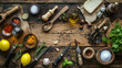 A flat lay of gourmet cooking ingredients and utensils on a rustic wooden table.