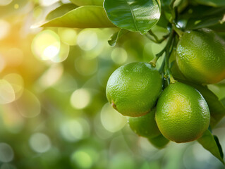 Poster - Green limes growing on a tree, bathed in sunlight.