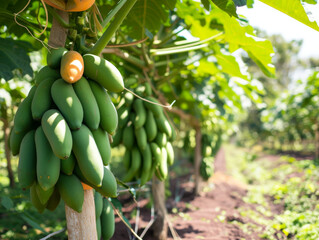 Sticker - Clusters of yellow and green papayas in sunlit orchard.