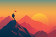 © LoveSan - Man on the top of a mountain plants a flag and watches a beautiful sunset in the mountains. Mountain tourism and travel concept. vector illustration.