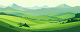 Fototapeta Pokój dzieciecy - Beautiful landscape of summer green meadows, fields with trees and hills against the backdrop of mountains. Vector panoramic landscape in flat style for design.