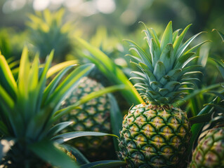  Pineapples growing in a lush farm field, basking in soft light.