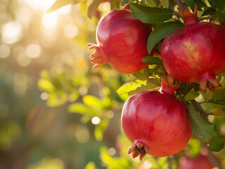 Canvas Print - Sun-kissed ripe pomegranates hanging from the branches.