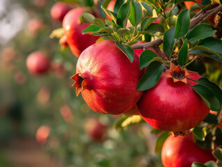 Canvas Print - Sun-kissed ripe pomegranates hanging from the branches.