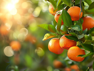 Canvas Print - Ripe tangerines clustered on a tree, glowing in the sunlight.