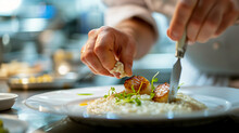 A Gourmet Chef Plating A Delicate Dish Of Seared Scallops On A Bed Of Risotto In A High-end Restaurant Kitchen.
