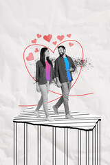 Sticker - Vertical creative collage poster walking two young lovers holding each other hand speaking happy relationship soulmates white background