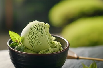 美しい日本風の背景と抹茶アイスクリームのイメージ（緑茶・茶道・庭園）