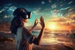 woman in a VR headset reaches out towards a digitally altered oceanic sunset, blending the lines between virtual and reality