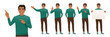Set of young business man poses wearing casual green sweater with different gestures showing something. Isolated vector illustration